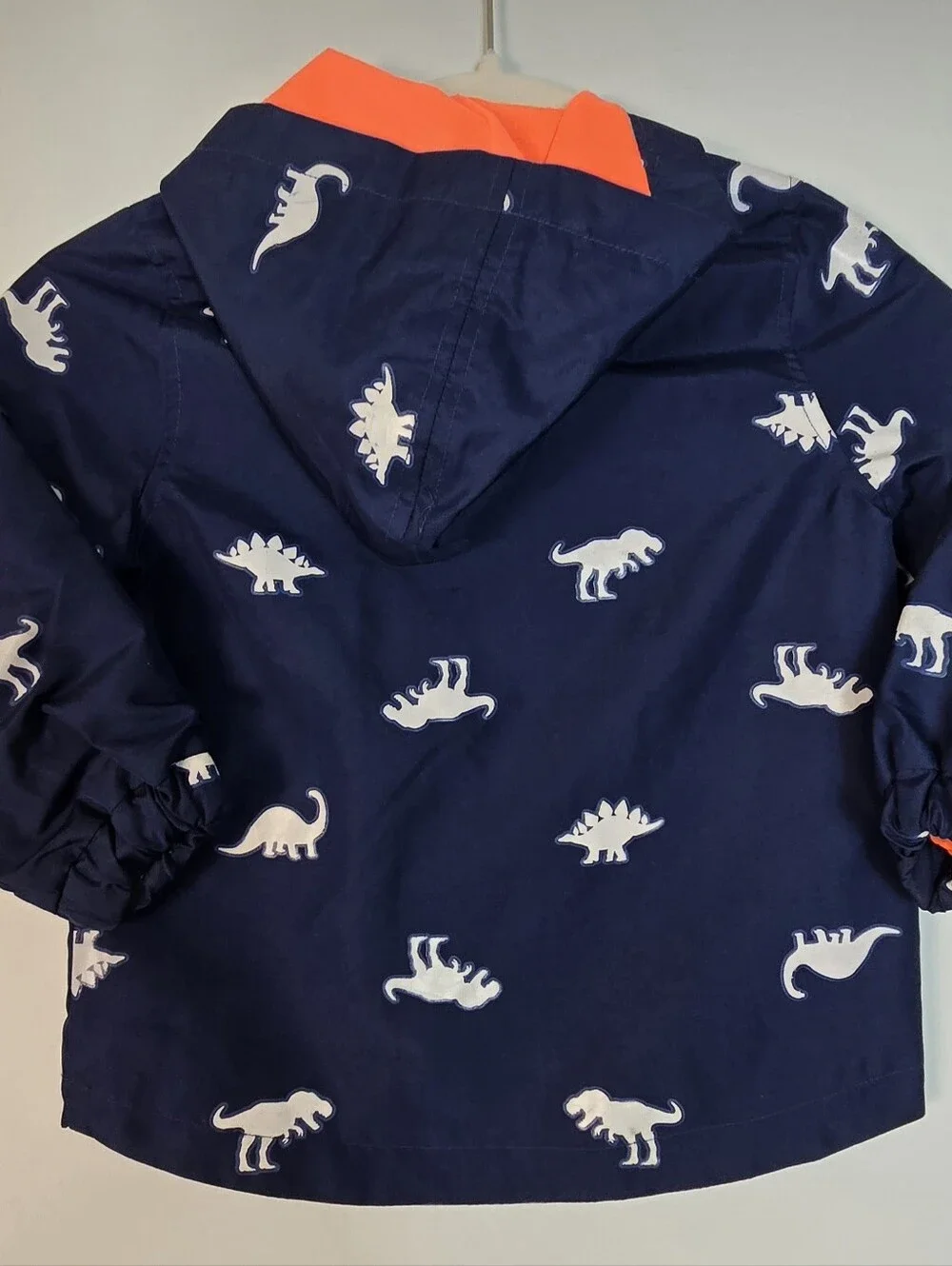 Carter's Navy Hooded Raincoat with Orange Lining and White Dino Print